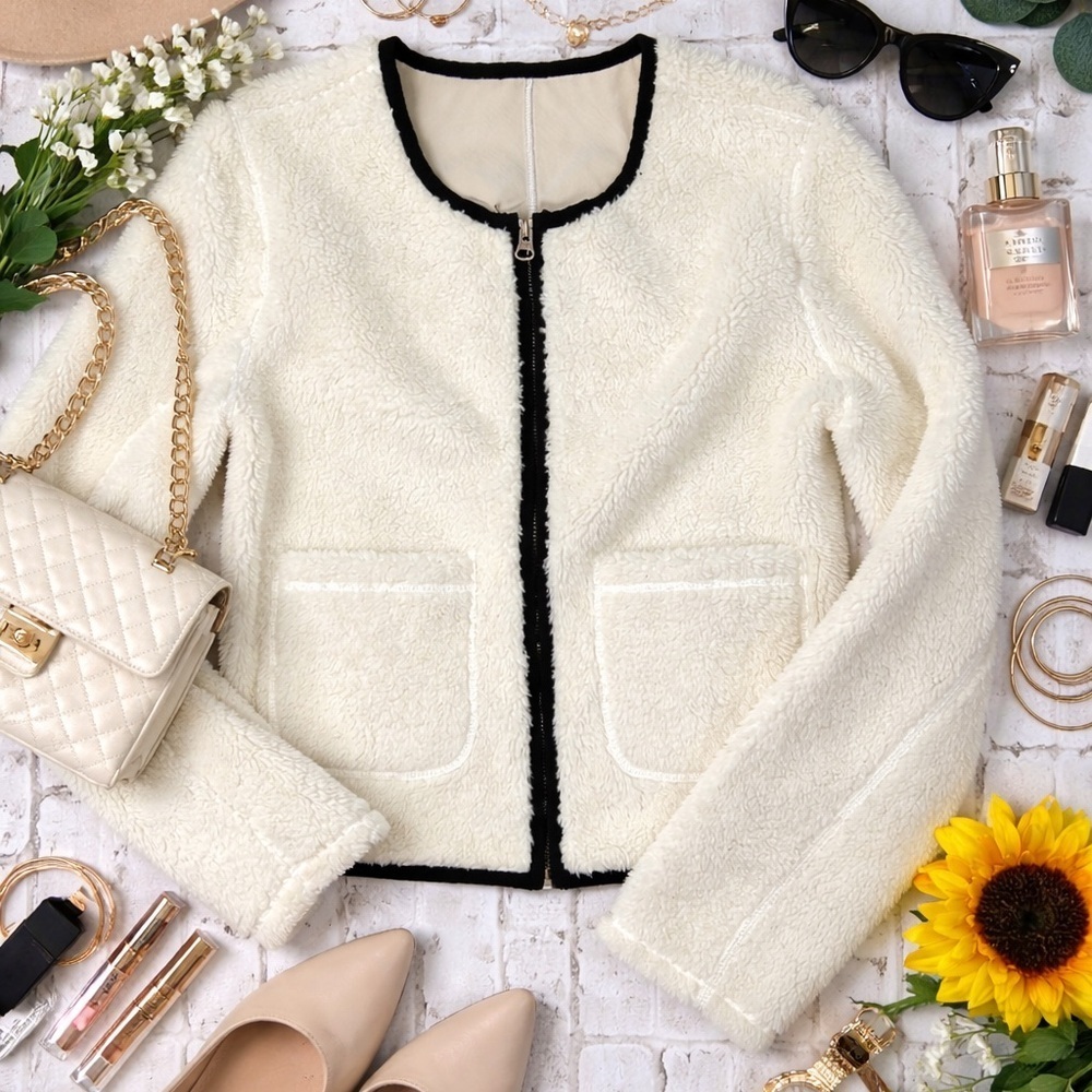 J Crew Early 2000s Sherpa Fleece Cropped Jacket Small S Y2K